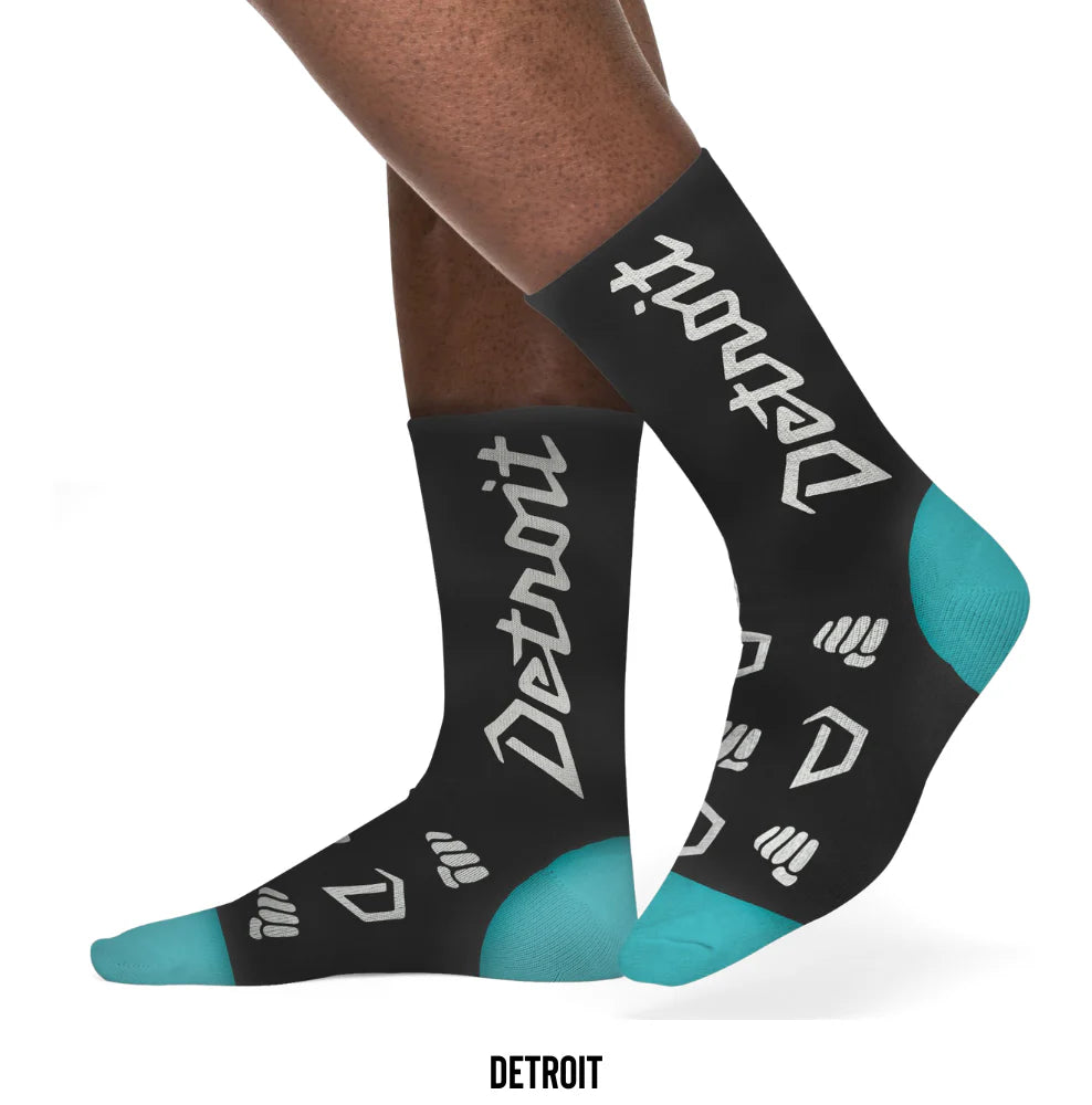 Black and teal detroit socks 